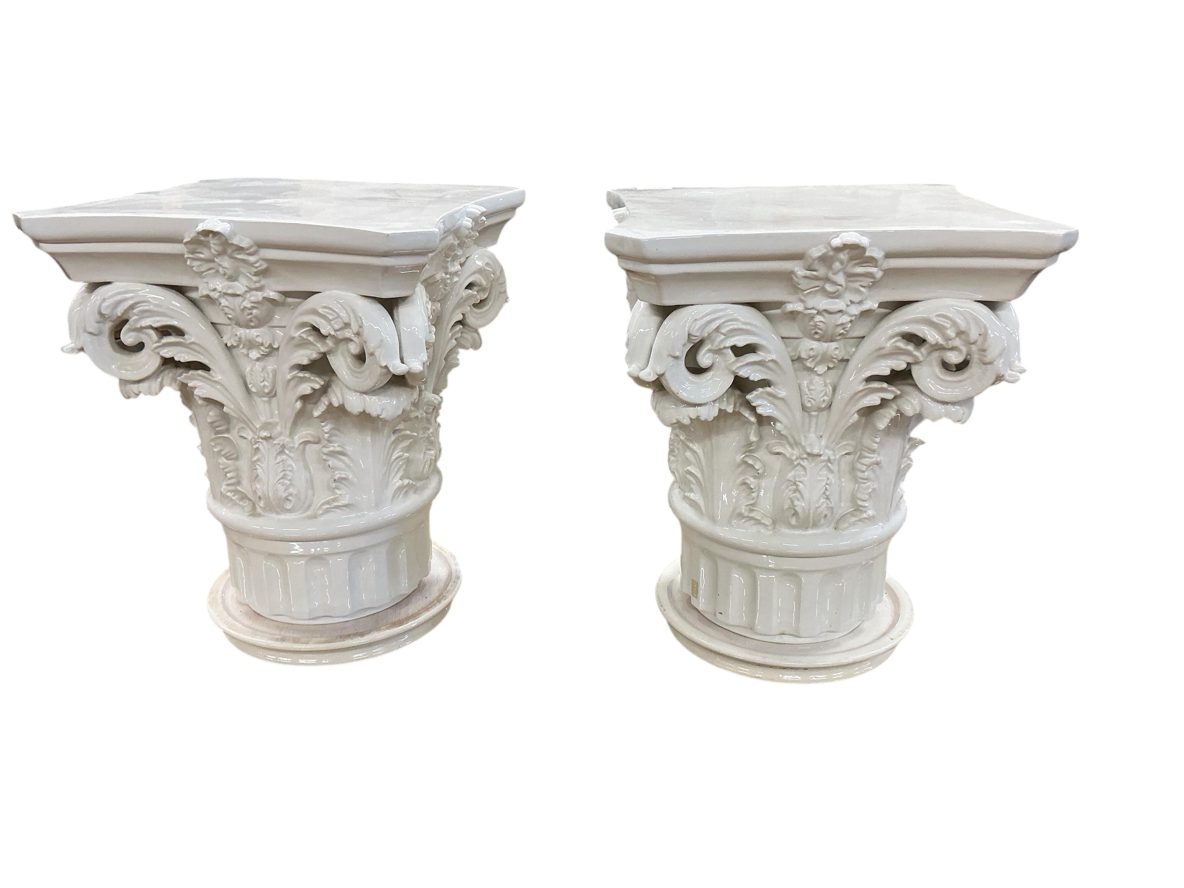 A pair of Italian VBC Ceramica Corinthian column capital pedestals, height 47cm